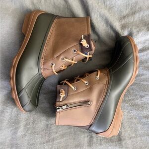 SPERRY Waterproof Lace-Up Duck Boots with Side Zipper - Brown & Olive